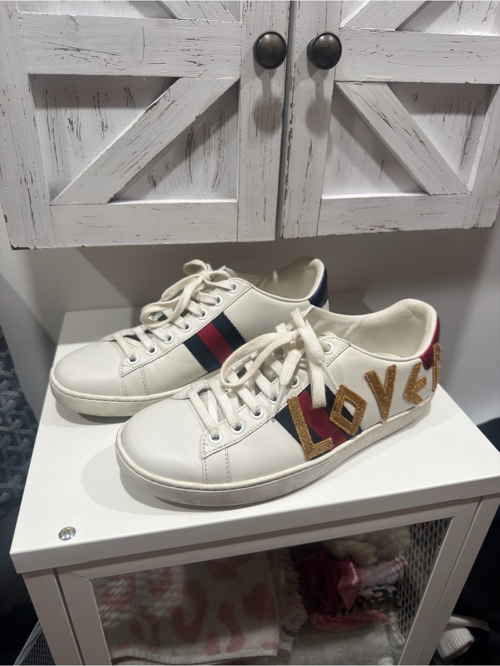 Gucci White Leather 'Love' Sneakers with Red & Blue Stripe